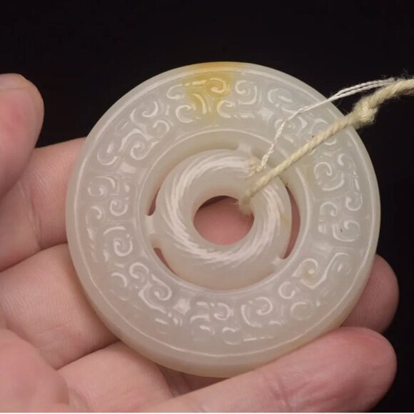 Chinese White Hetian Jade Round Bi Pendant - Picture 8 of 8